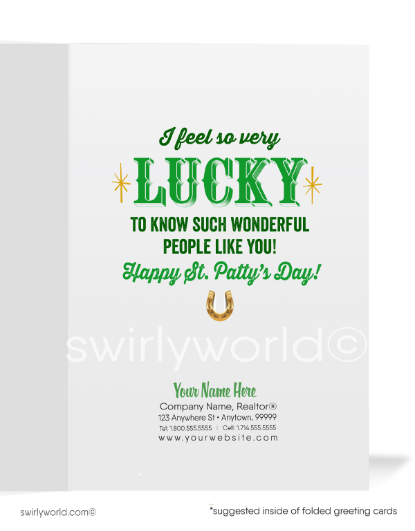 Celebrate St. Patrick’s Day with a custom greeting card! Featuring a leprechaun hat, green mustache & atomic starbursts, it’s a festive way to share Irish luck.