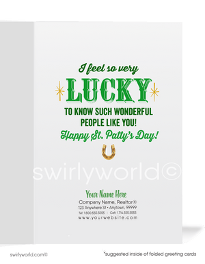 Cute business "Lucky to have you as a customer" green top hat leprechaun corporate happy St. Patrick's Day greeting cards.