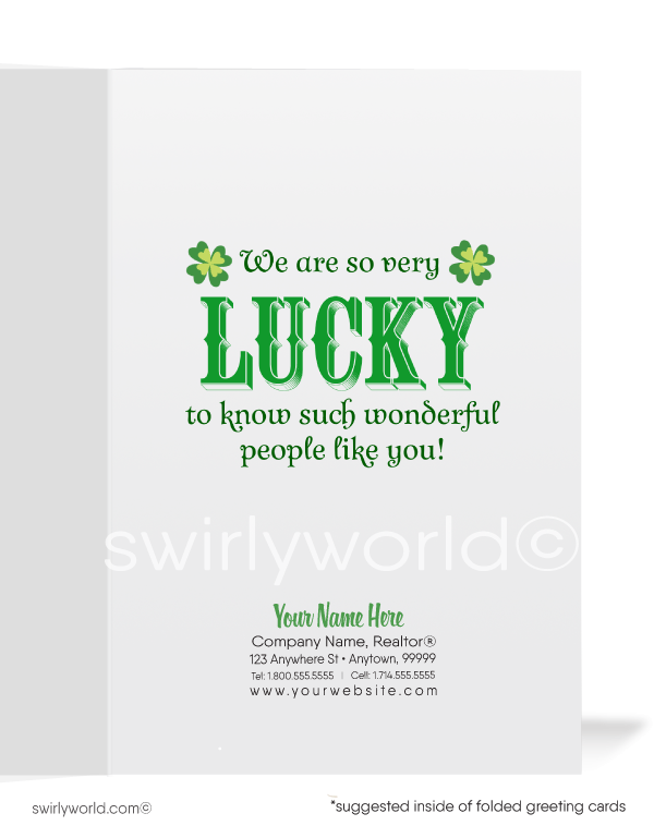 Cute birds in leprechaun top hats with Irish flags waving "Lucky to have you as a customer" green shamrocks happy St. Patrick's Day greeting cards.