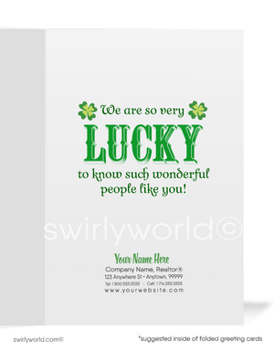Cute birds in leprechaun top hats with Irish flags waving "Lucky to have you as a customer" green shamrocks happy St. Patrick's Day greeting cards.