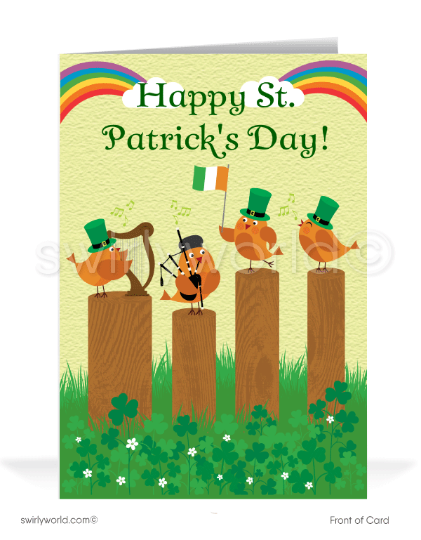 Celebrate St. Patrick’s Day with a custom greeting card! Featuring festive birds in leprechaun hats, Irish instruments & shamrocks, it’s a charming way to share luck.