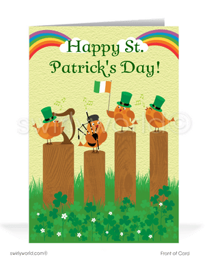 Celebrate St. Patrick’s Day with a custom greeting card! Featuring festive birds in leprechaun hats, Irish instruments & shamrocks, it’s a charming way to share luck.