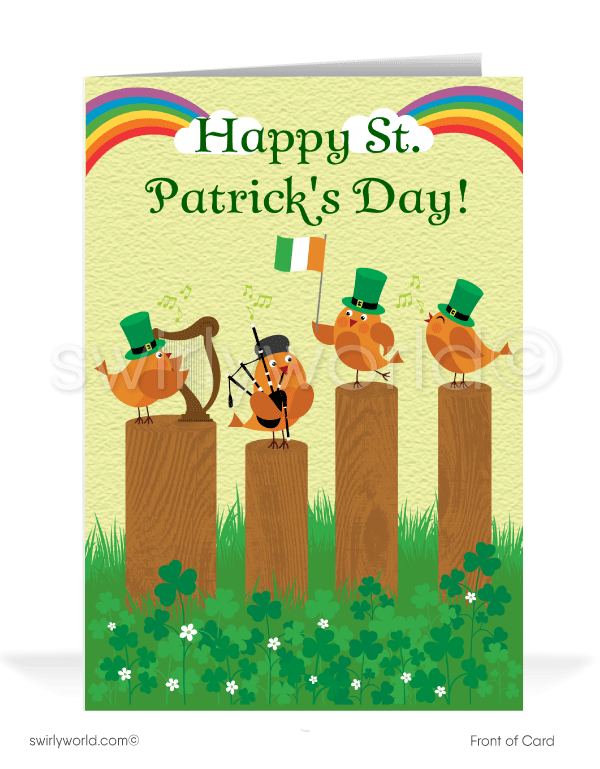 Cute birds in leprechaun top hats with Irish flags waving "Lucky to have you as a customer" green shamrocks happy St. Patrick's Day greeting cards.