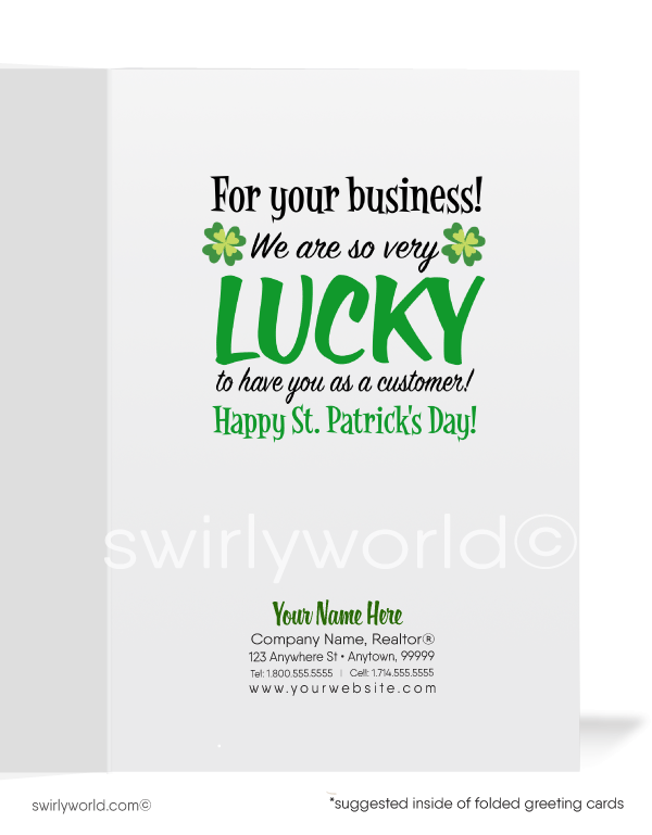 Cute business "Lucky to have you as a customer" green shamrocks leprechaun with pot of gold at end of rainbow happy St. Patrick's Day greeting cards.
