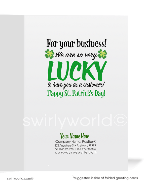 Cute business "Lucky to have you as a customer" green shamrocks leprechaun with pot of gold at end of rainbow happy St. Patrick's Day greeting cards.