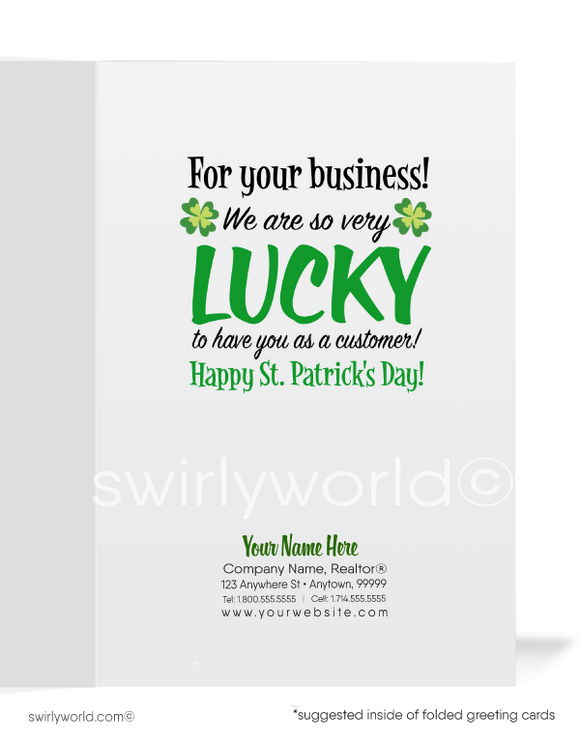 Cute business "Lucky to have you as a customer" green shamrocks leprechaun with pot of gold at end of rainbow happy St. Patrick's Day greeting cards.