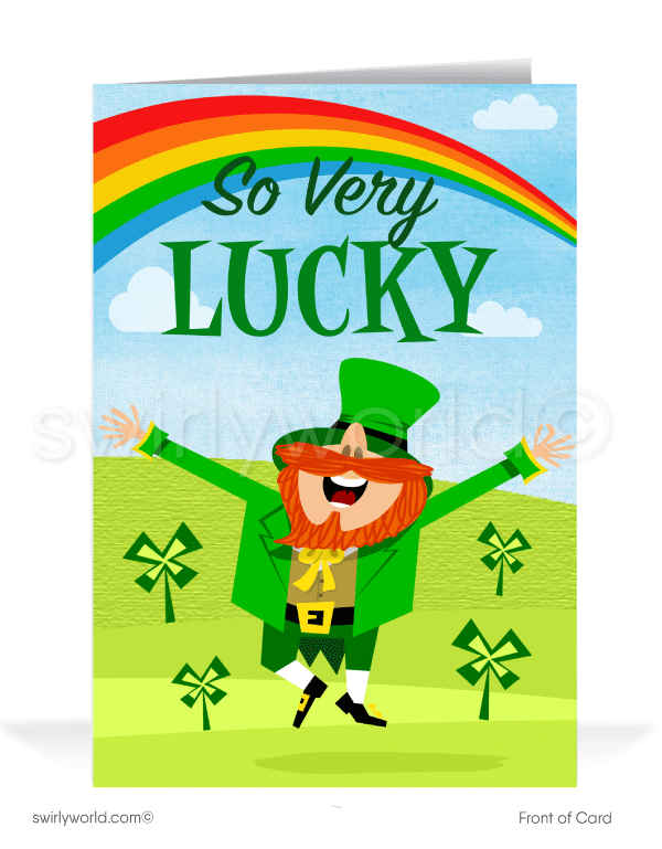Celebrate St. Patrick’s Day with a custom greeting card! Featuring a joyful leprechaun, shamrocks & a rainbow, it's a festive way to share luck & appreciation.