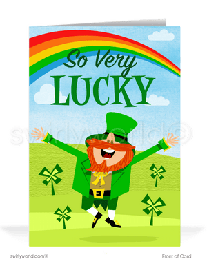 Celebrate St. Patrick’s Day with a custom greeting card! Featuring a joyful leprechaun, shamrocks & a rainbow, it's a festive way to share luck & appreciation.
