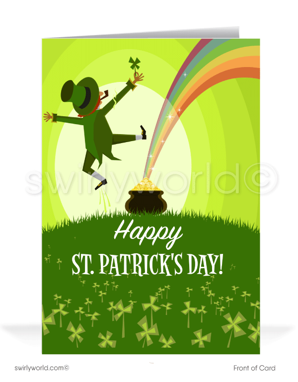 Celebrate St. Patrick’s Day with a custom greeting card! Featuring a joyful leprechaun, a lucky shamrock, and a pot of gold, it's the perfect way to spread Irish cheer.