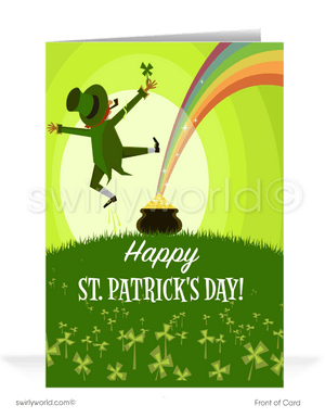 Celebrate St. Patrick’s Day with a custom greeting card! Featuring a joyful leprechaun, a lucky shamrock, and a pot of gold, it's the perfect way to spread Irish cheer.