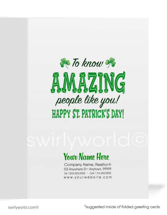 Business "Lucky to have you as a customer" green shamrocks leprechaun with pot of gold at end of rainbow happy St. Patrick's Day greeting cards.