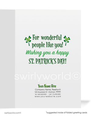 Cute business "Lucky to have you as a customer" green shamrocks leprechaun with rainbow happy St. Patrick's Day greeting cards.