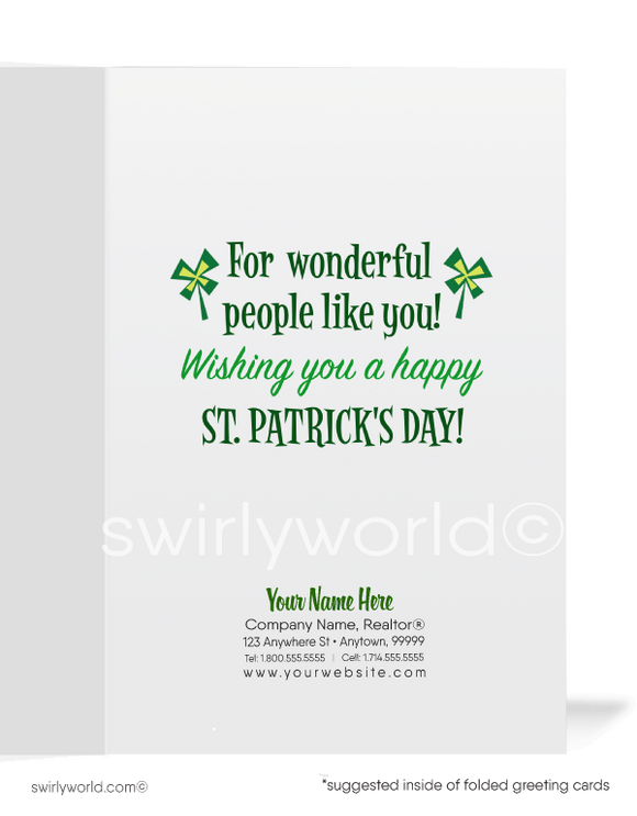 Cute business "Lucky to have you as a customer" green shamrocks leprechaun with rainbow happy St. Patrick's Day greeting cards.