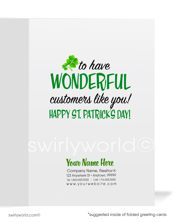 Cute business "Lucky to have you as a customer" green shamrocks leprechaun with pot of gold; happy St. Patrick's Day greeting cards.