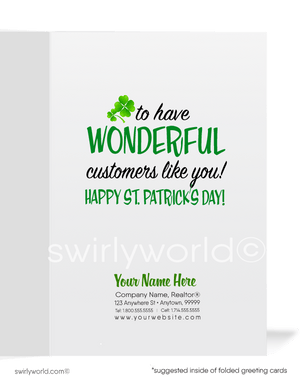 Cute business "Lucky to have you as a customer" green shamrocks leprechaun with pot of gold; happy St. Patrick's Day greeting cards.