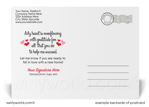 Cute pink house with red door with hearts coming out of chimney; happy Valentine's Day postcards for Realtors and Agents.