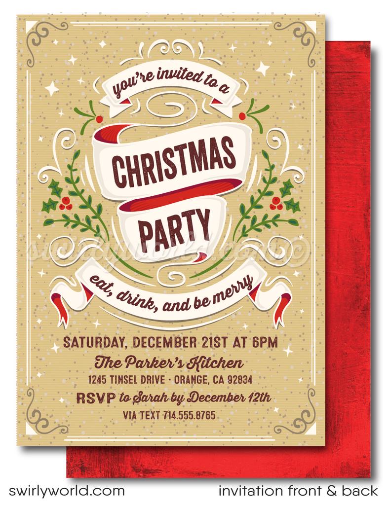 retro holiday Christmas dinner party invitations