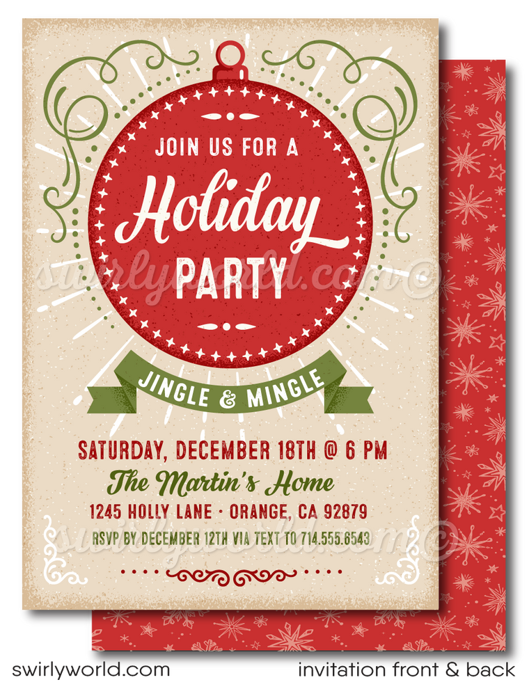 Retro Modern Vintage "Jingle and Mingle" Holiday Dinner Party Invitation Digital Download