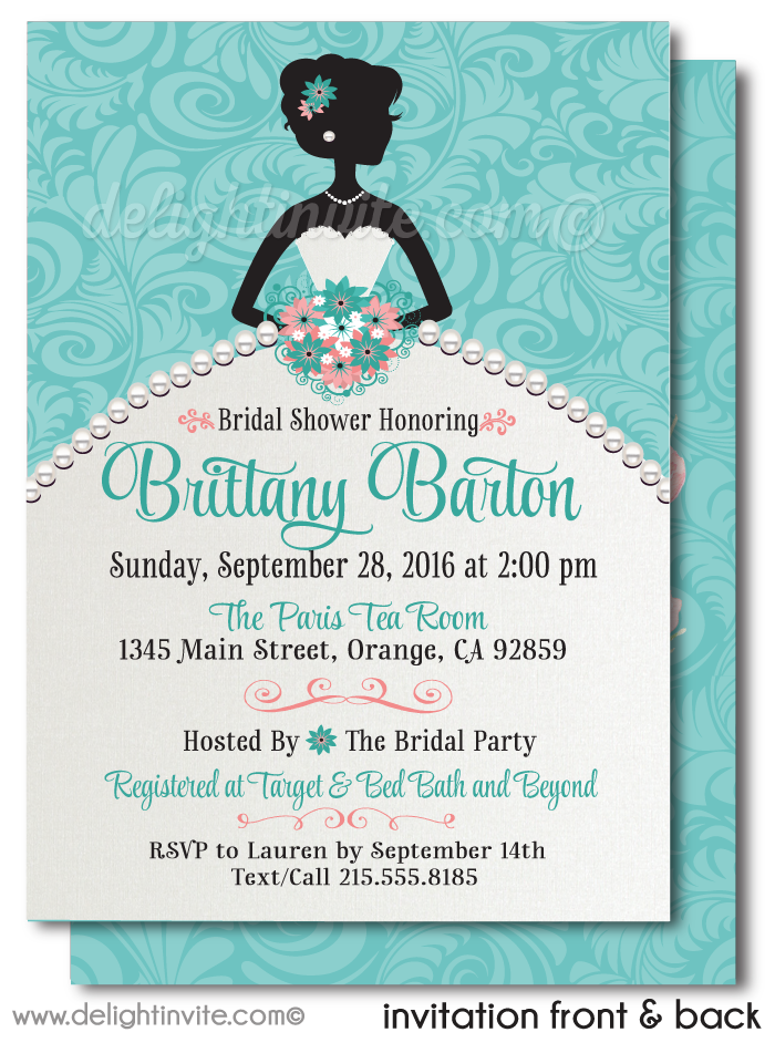 Aqua Diamonds and Pearls Tiffany Blue Printed Bridal Shower Invitations