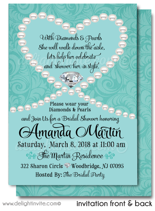 Aqua Blue Tiffany Floral Diamonds and Pearls Bridal Shower Invitation Digital Download