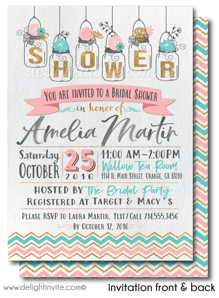 Vintage Mason Jars Bridal Shower Invitations, Vintage Gold and Blush Floral Bridal Shower Invite. Bridal Shower Design.