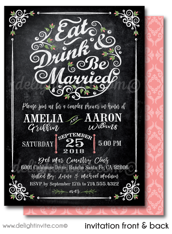 Eat, Drink, & Be Married Botanical Floral Garden Outdoor Bridal Shower Printed Invitations