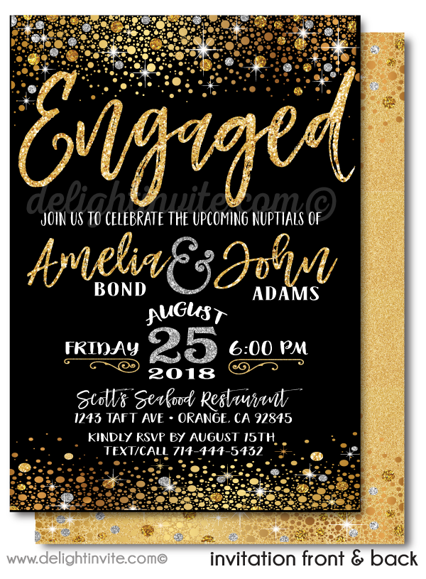 Gold Glitter and Black Engagement Party Invitations, Elegant Gold Shimmer Engagement Invites, Formal Engagement Party Invitations