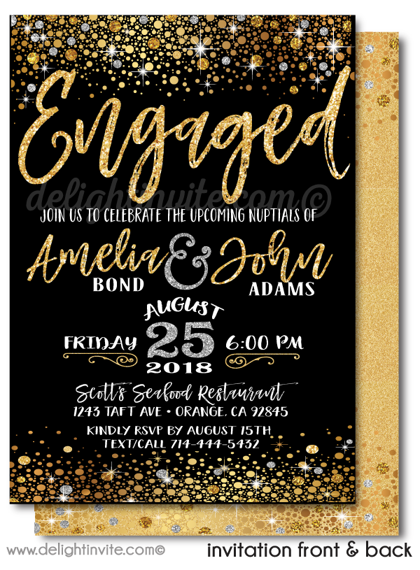 Gold Glitter and Black Formal Engagement Party Invitation