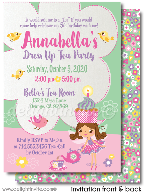 Fairy Garden Princess Pixie Tea Party Birthday Invitation Digital Download