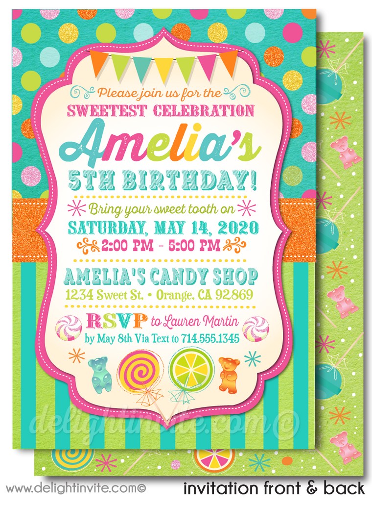 Polkadot Candy-land Candy Shop Girl Birthday Party Printed Invitations