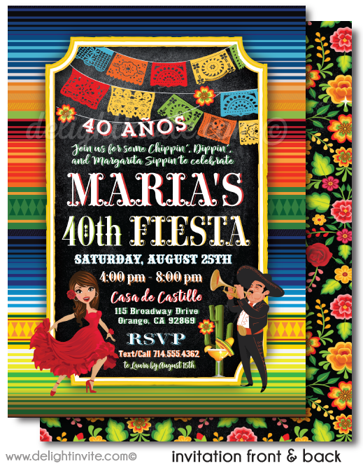Señorita Papel Picado Paper Flags Fiesta 40th Birthday Printed Invitations