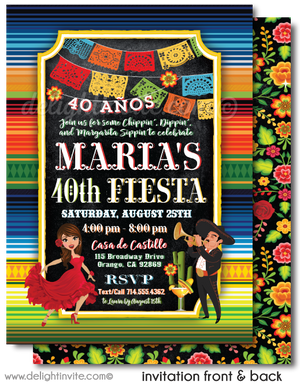 Señorita Papel Picado Paper Flags Fiesta 40th Birthday Printed Invitations