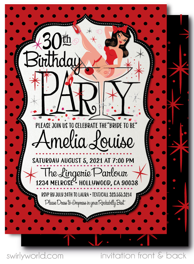 Retro Rockabilly Sexy Black Hair Pinup Girl 30th Birthday Party Invitation Digital Download