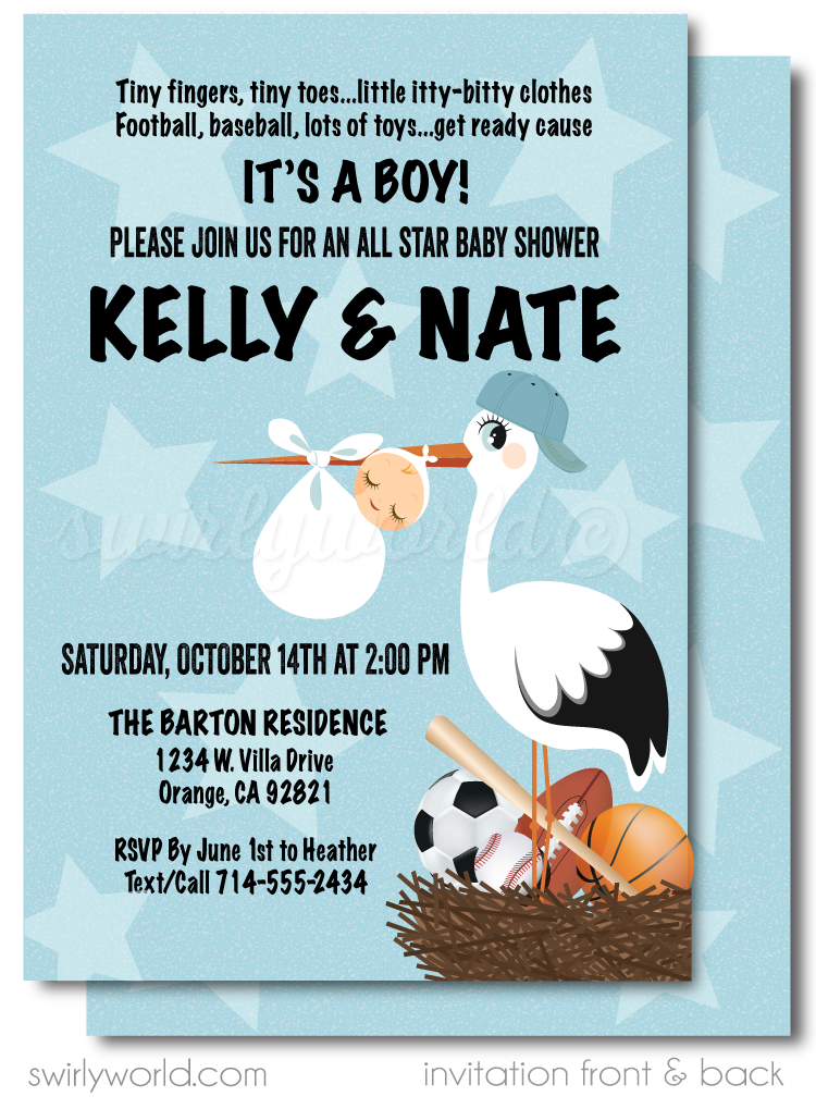 All Star MVP sports "It's a Boy" baby shower invitations with stork holding basket nest of game balls.