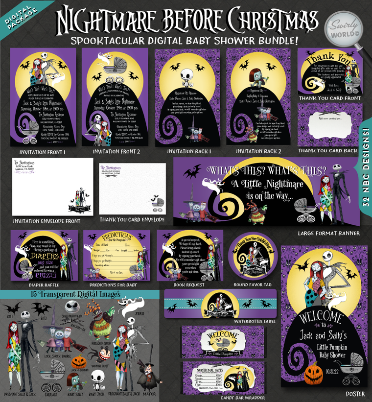 Digital Nightmare Before Christmas Halloween Baby Shower Bundle Set