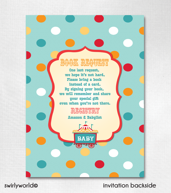 Vintage style "Big Top" circus carnival theme gender neutral baby shower invitations that are printed and shipped to you!