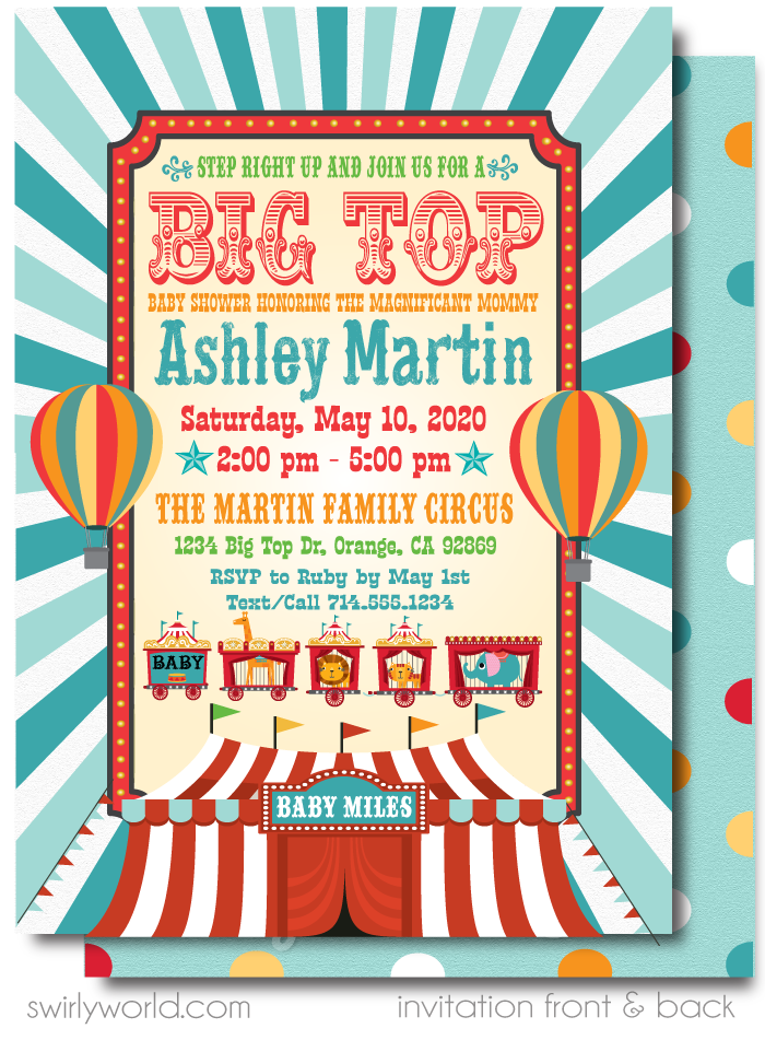 Vintage style "Big Top" circus carnival theme gender neutral baby shower invitations that are printed and shipped to you!