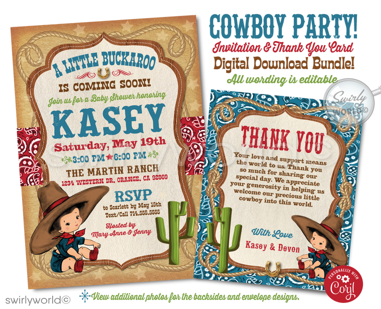 1950s vintage western cowboy boy baby shower invitation digital download