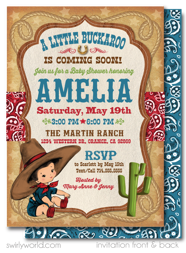 Vintage 1950's Retro Cowboy Couple's Baby Shower Printed Invitations