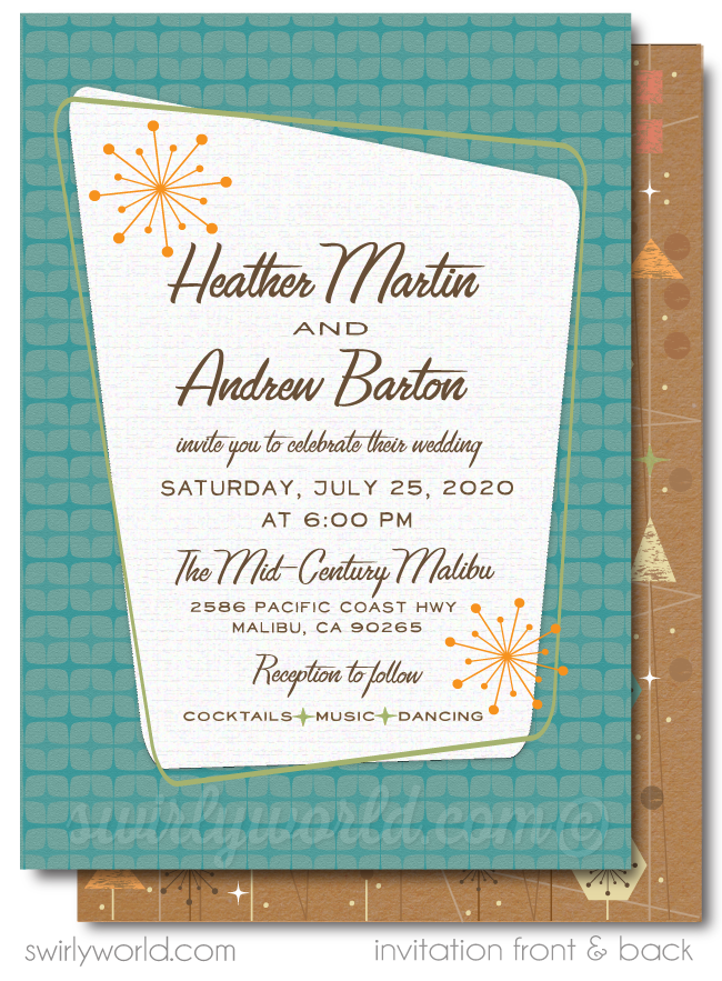 Retro Atomic Mid-Century Modern Wedding Invitation and RSVP Card Digital Download
