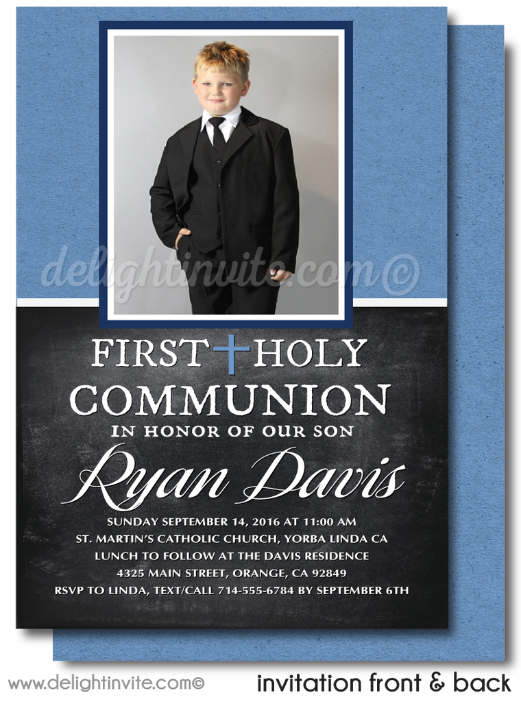 Masculine Boys' First 1st Holy Communion Invitation With Photo