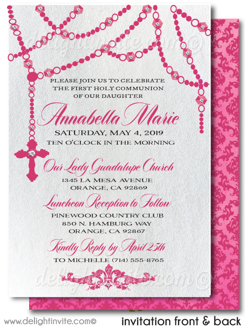 Pink Rosary Girls First Holy Communion Invitations