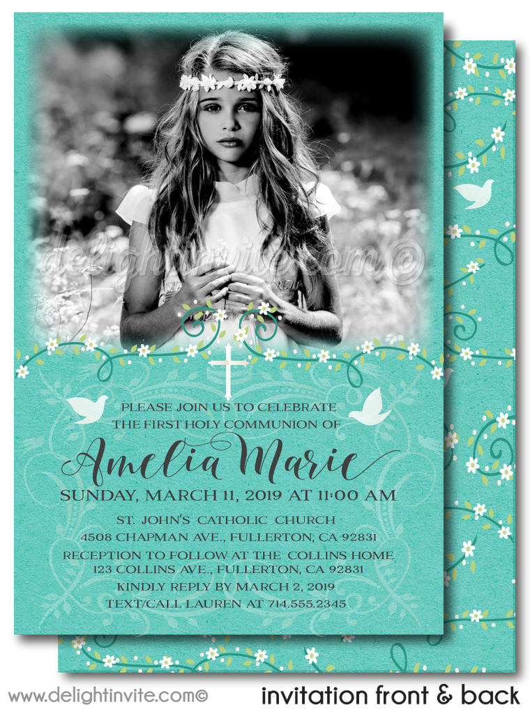 Vintage White Doves Flower Girls' 1st First Holy Communion Invitation Digital Download