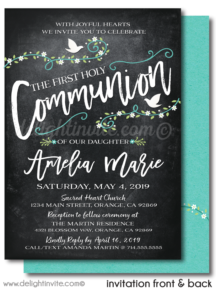 Vintage Aqua Blue Doves First 1st Holy Communion or Baptism Invitation for Girls