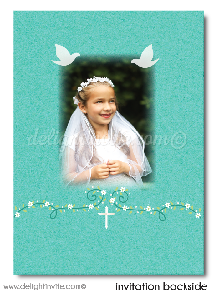 Vintage White Doves Flower Girls' 1st First Holy Communion Invitation Digital Download