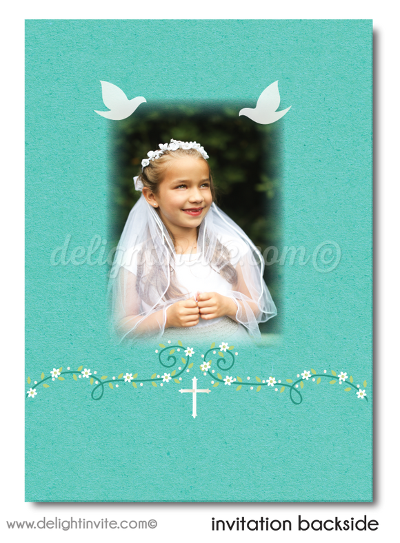 Vintage Aqua Blue Doves First 1st Holy Communion or Baptism Invitation for Girls