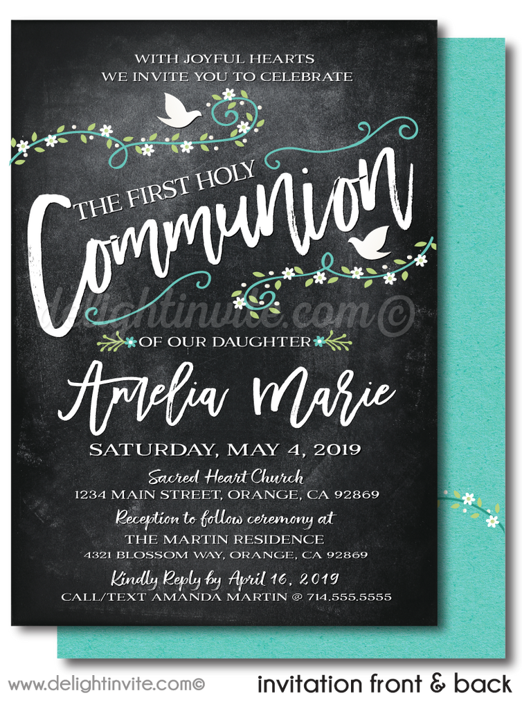 Vintage White Doves Flower Girls' 1st First Holy Communion Invitation Digital Download