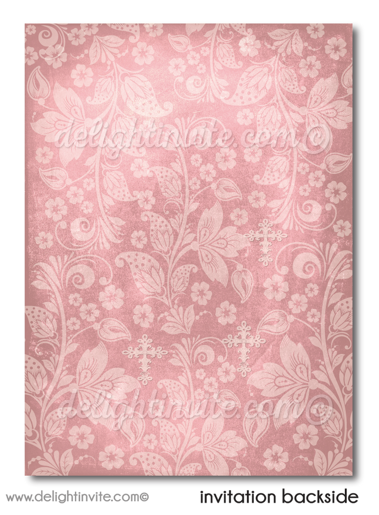 Rustic Vintage Pink Lace First 1st Holy Communion Invitation Digital Download