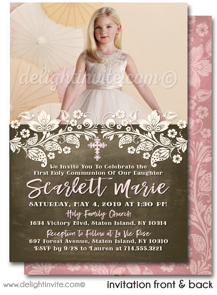 Rustic Vintage Pink Lace First 1st Holy Communion Invitation Digital Download