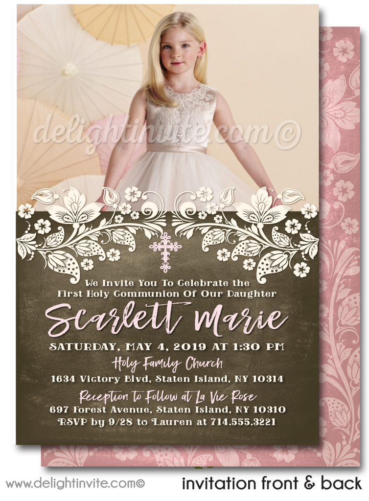 Vintage Lace Rosegold First 1st Holy Communion Invites for Girls